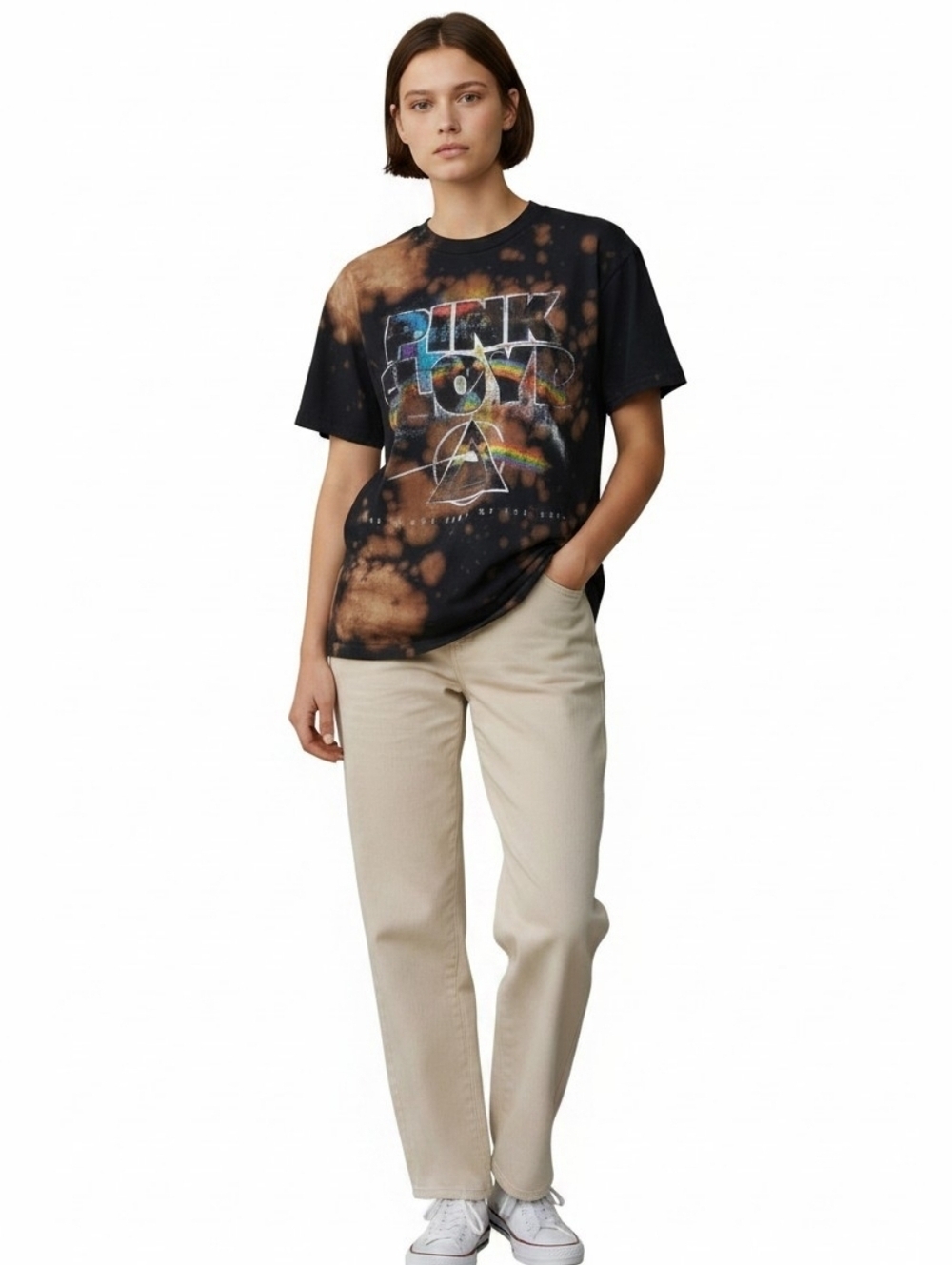Pink Floyd Dark Side Of The Moon Bleach Dye T Shirt Mens Small Cotton Black